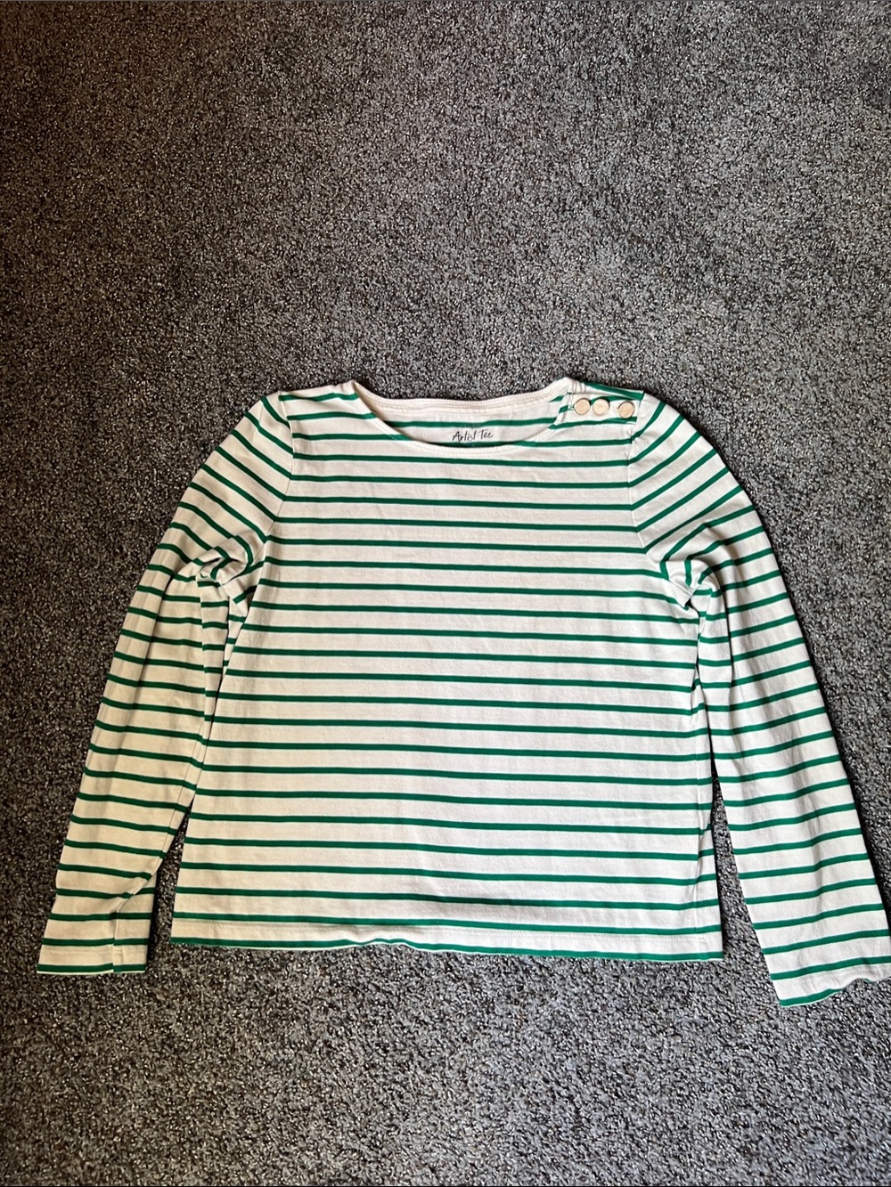 J. Crew Green and White Striped Boatneck Top with Shoulder Buttons